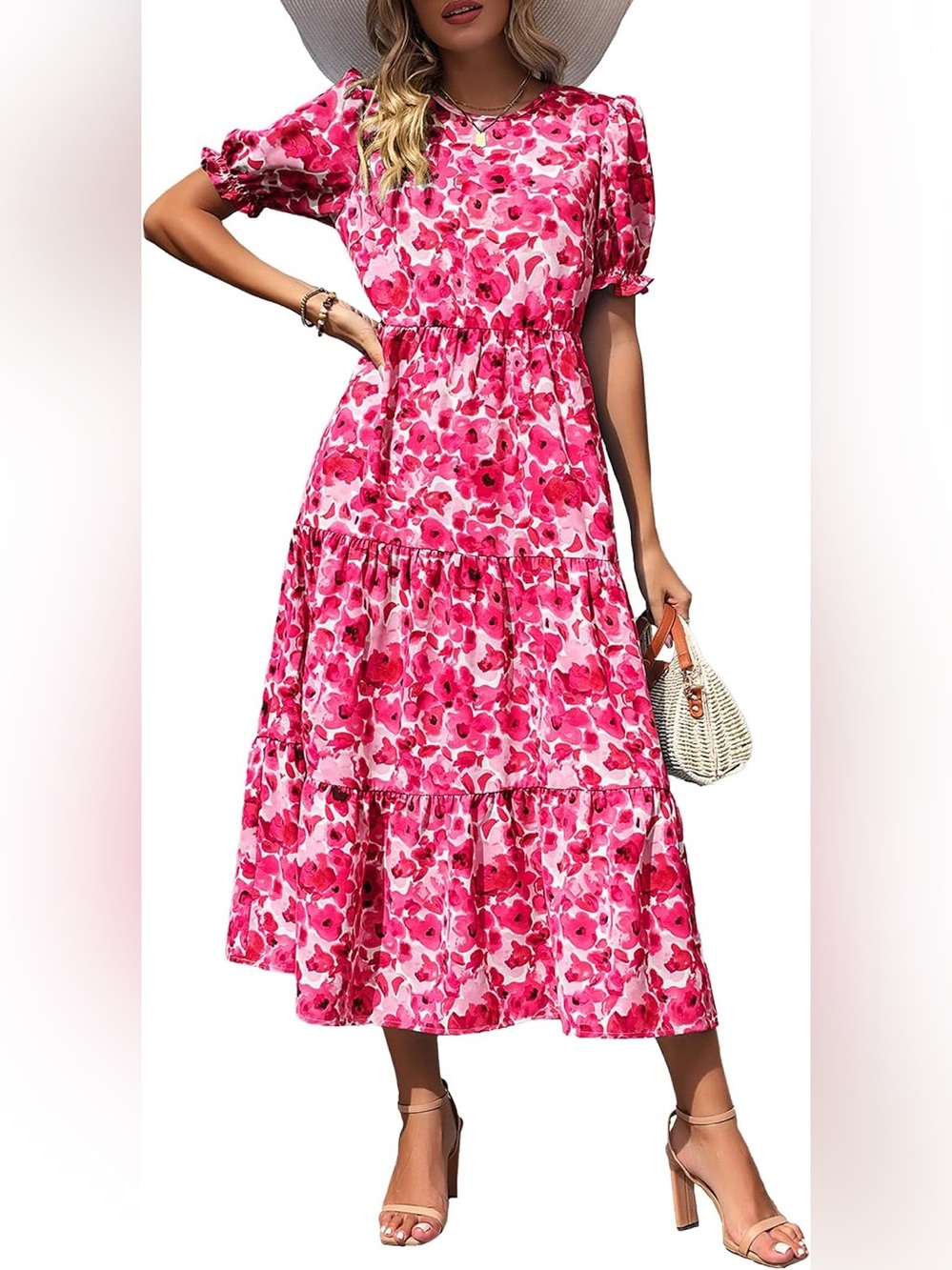 PRETTYGARDEN tiered midi dress vibrant pink floral print, puff sleeve party sz L